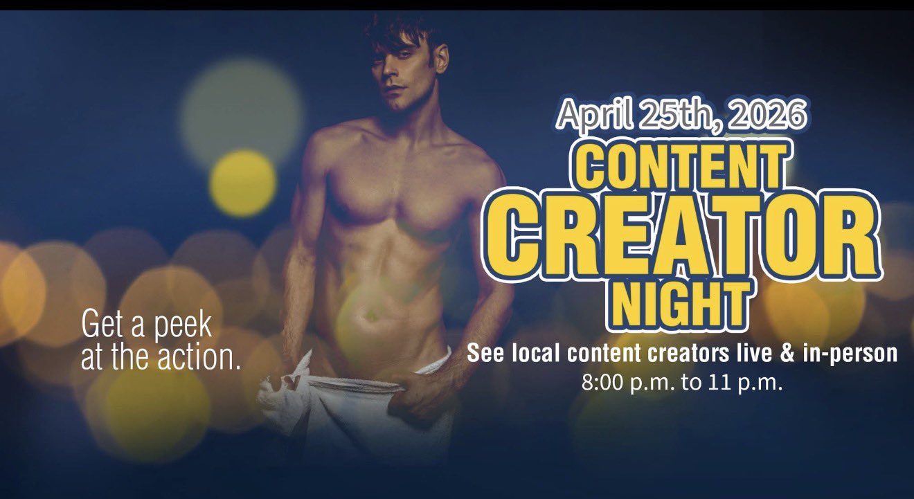 Steamworks Content Creator Night flyer: April 25, 2026, 8–11 p.m., featuring a model in a towel